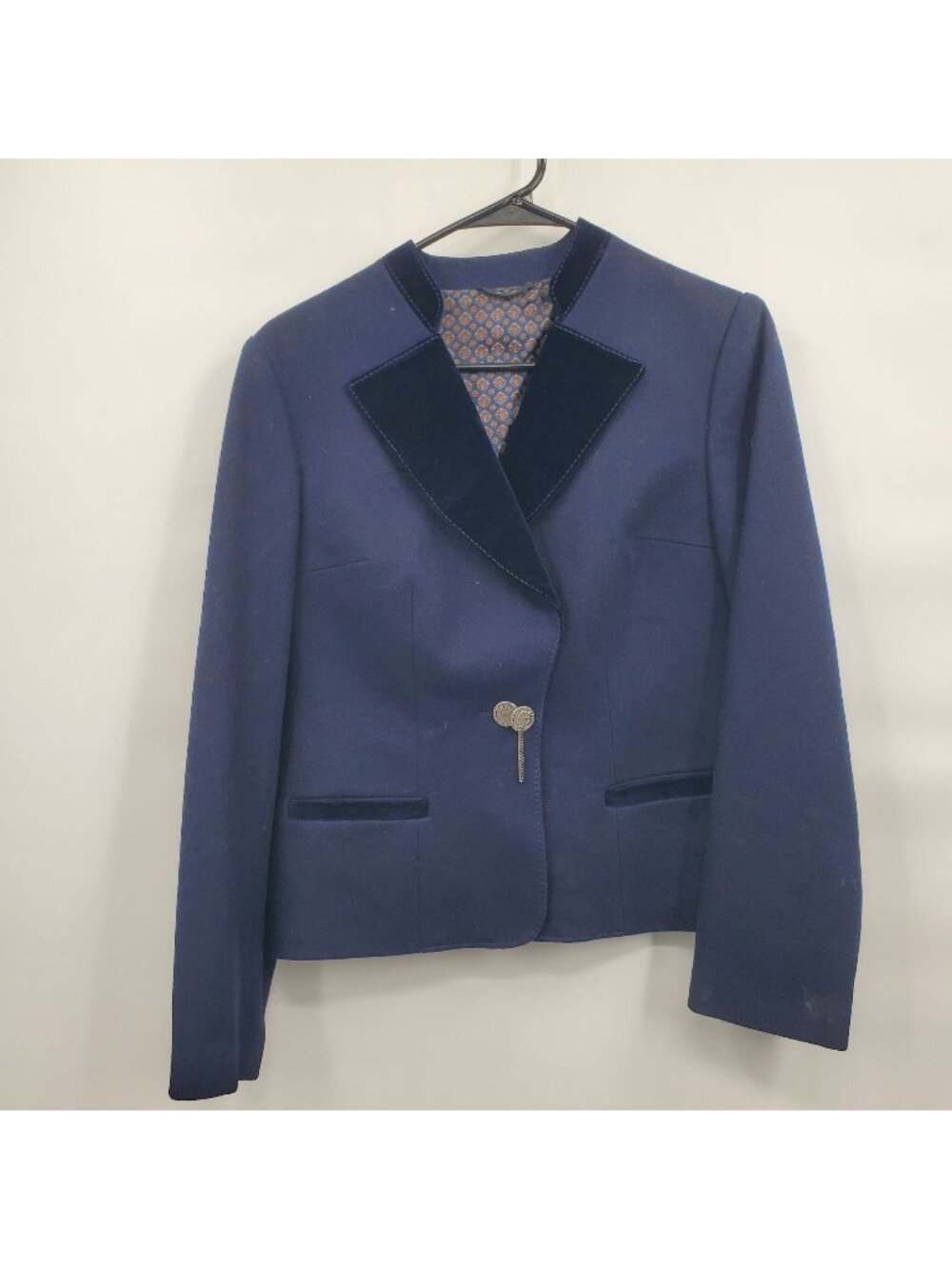 Austrian Trachten Pure Wool Blazer Jacket Women Size 42 V Neck Navy Blue